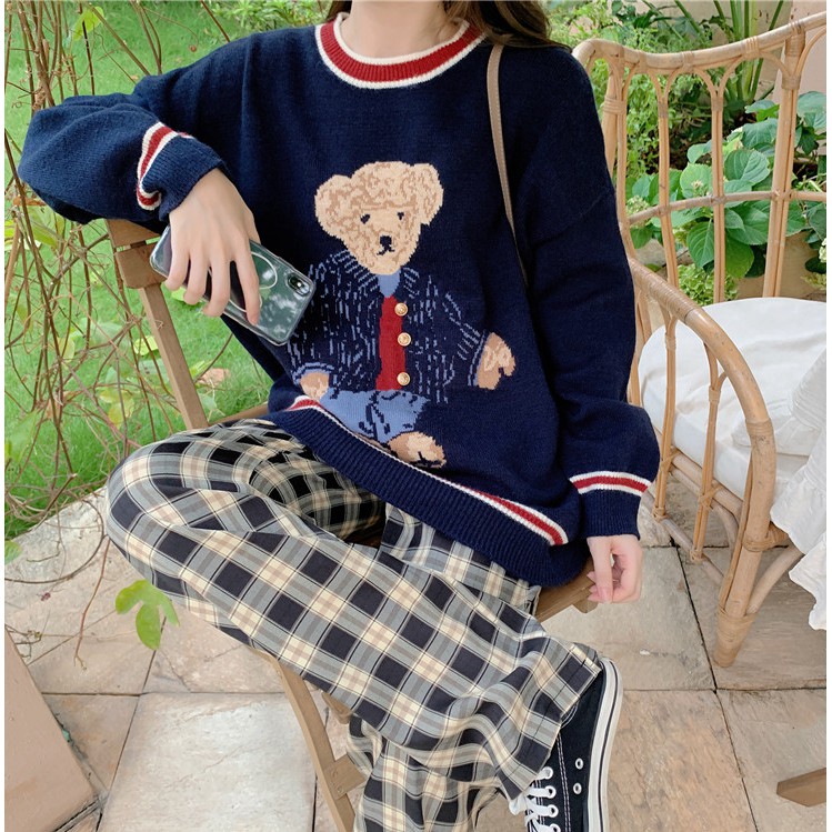Áo sweater cổ tròn tay dài in hình hoạt hình xinh xắn dễ phối đồ phong cách Hàn Quốc cho nữ | BigBuy360 - bigbuy360.vn