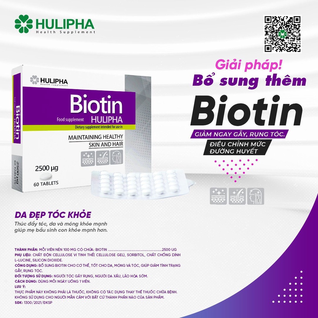 Viên uống BIOTIN Hulipha ( Nhập khẩu chính hãng BA LAN) Hộp 60 viên uống 2 tháng cho tóc khỏe, da đẹp