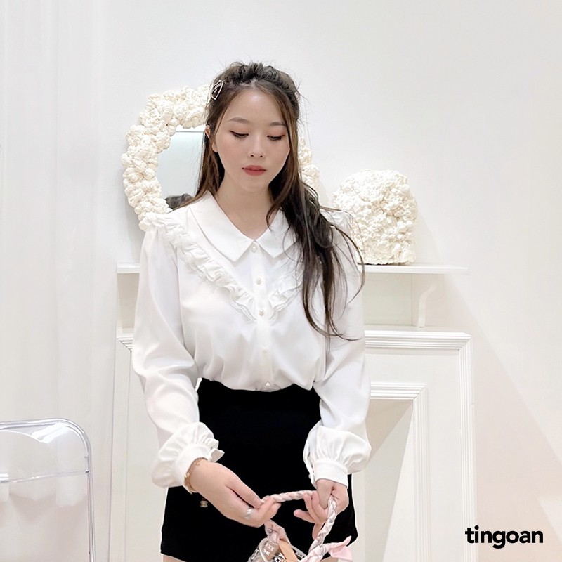 Áo sơ mi cổ bẻ bèo ngực chống nhăn trắng (freesize) tingoan OLIVIA BLOUSE/WH