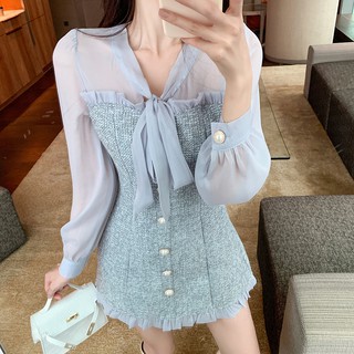 Váy dạ nữ chiết eo tiểu thư sang chảnh đầm cổ nơ V14