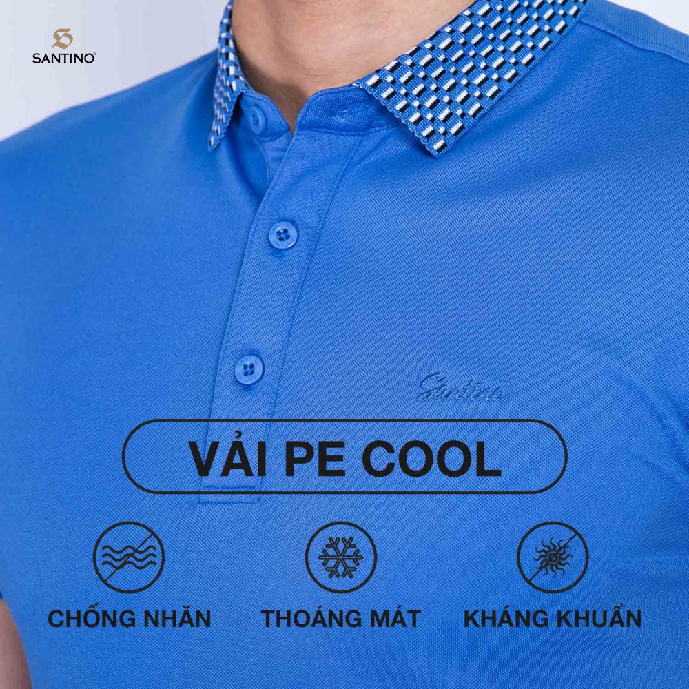 Áo Polo Nam Cá Sấu Santino Form Chuẩn, Màu Xanh Phối  Bo Cổ Co Giãn Thoải Mái Trẻ Trung Chống Nhăn E004