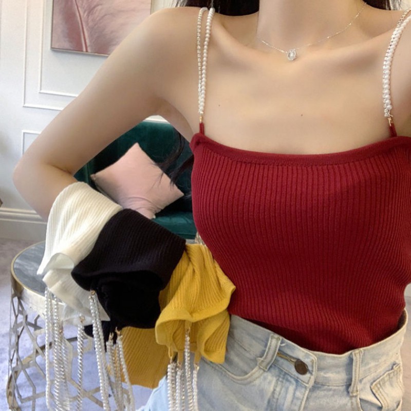Áo len hai dây màu trơn đính hạt ngọc trai