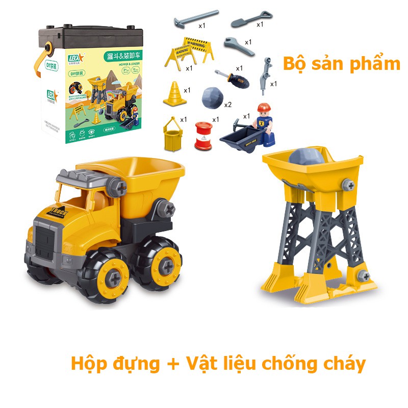Đồ chơi lắp ghép xe tải kèm nhiều chi tiết công nhân, bồn đá, sticker kích thước lớn