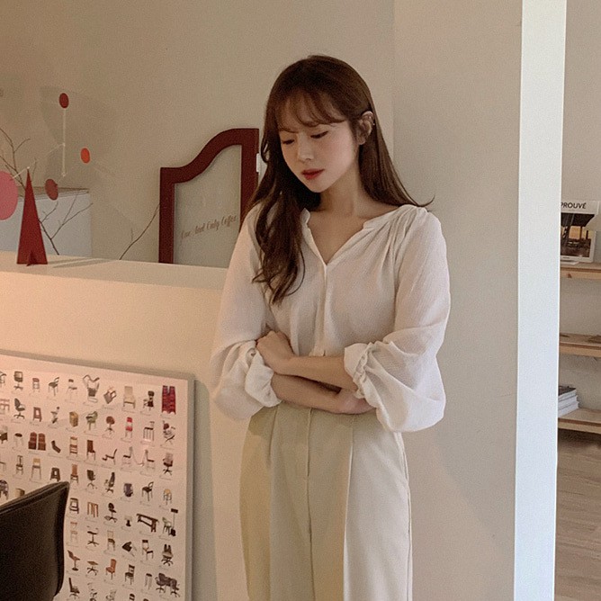 Áo sơ mi tay dài cổ chữ V dáng rộng màu trơn thời trang 40782