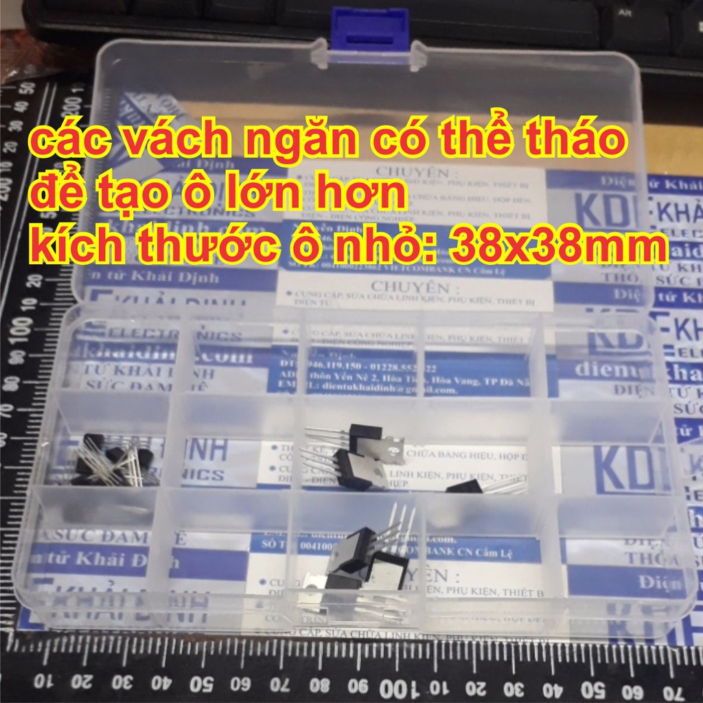 2 cái hộp nhựa đựng linh kiện, ốc vít…15 ô, có thể thay đổi, 22x97x172mm kde4707