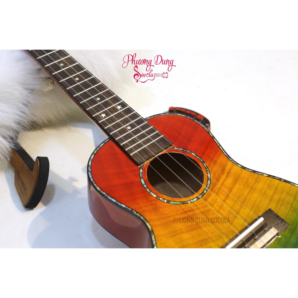 Đàn Ukulele Gỗ Flame Maple Viền Khảm Trai - Có vạt kê tay - Màu Cầu Vồng