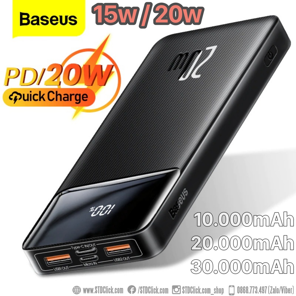 PIN SẠC DỰ PHÒNG BASEUS BIPOW CHÍNH HÃNG 10.000 mAh - 20.000 mAh - 30.000 mAh CÔNG SUẤT 15W - 20W