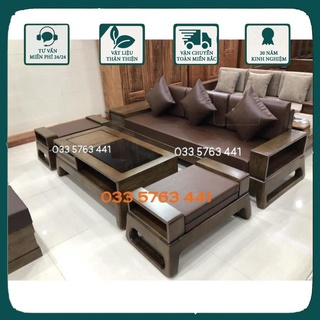 Bộ ghế sofa phòng khách văng dài 2m3 gỗ sồi nga 100% 3 món gồm 1 văng sofa 1 bàn trà sofa và 1 đôn ngồi .