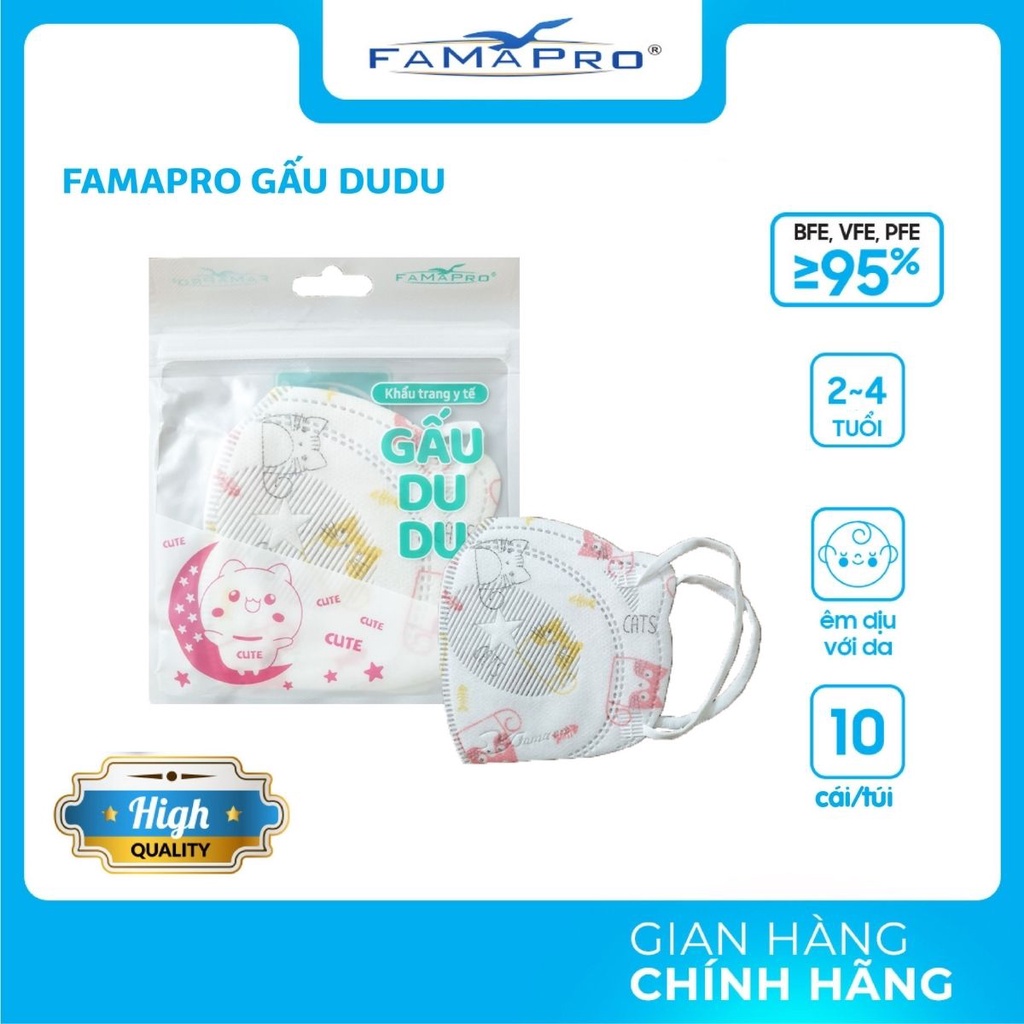 [TÚI 10 CÁI] Khẩu trang  trẻ em kháng khuẩn 3 lớp Famapro Kids Gấu DuDu [bé 10-16kg]