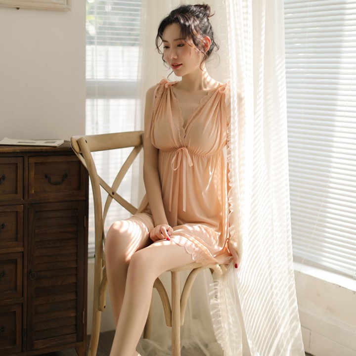 Váy ngủ ren sexy bẹt vai mặc hai kiểu đồ ngủ big size voan thun với màu vàng mơ ngọt ngào | BigBuy360 - bigbuy360.vn