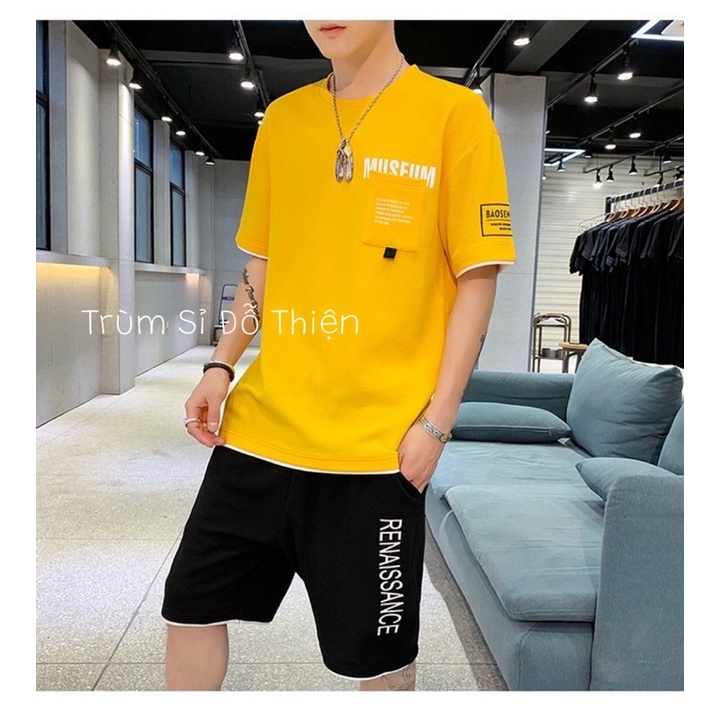 Bộ mặc nhà thể thao tập gym nam gồm áo thun và quần đùi mùa hè siêu mát