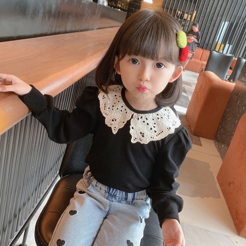 Áo thun tay dài phối ren thời trang phong cách mùa thu cho bé gái