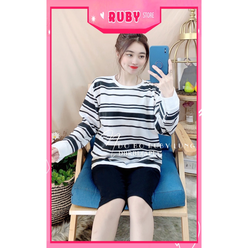 Đồ bộ thun lửng tay dài phối sọc dễ thương chất thun mềm mát DBRBLCT