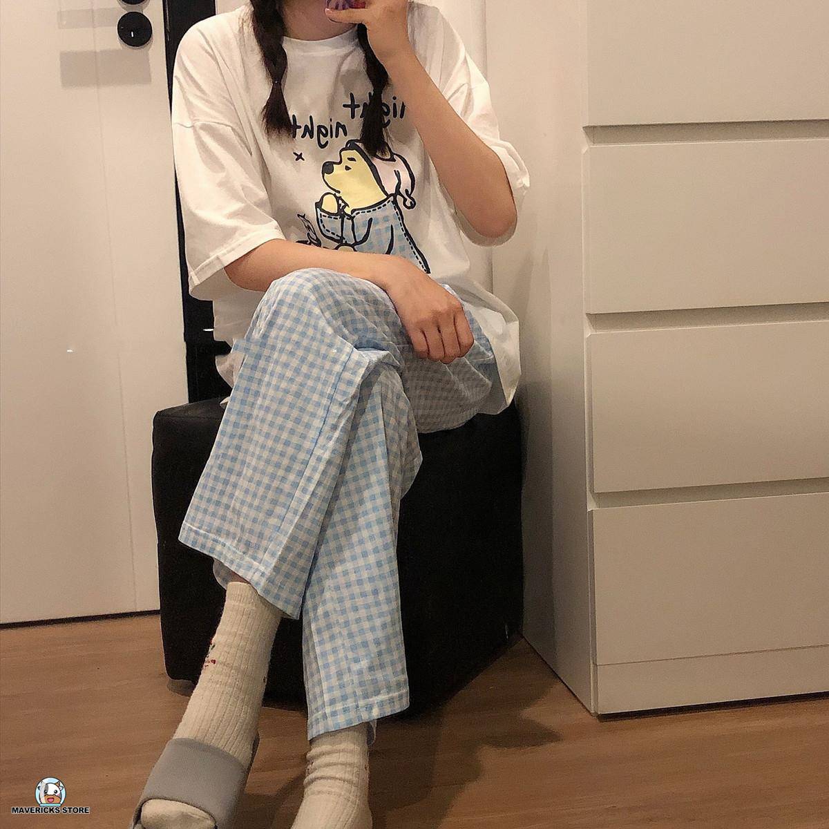 Bộ đồ ngủ ngắn tay họa tiết gấu Pooh dễ thương phong cách Hàn Quốc cho nữ