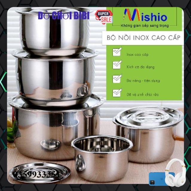 Bộ 5 Nồi Inox, 5 Kích Thước Khác Nhau - Dùng Được Với Mọi Loại Bếp, Không Quai Cất Dọn Gọn Gàng