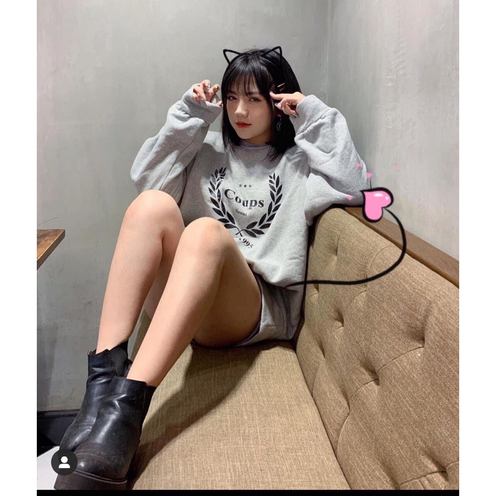 Áo sweater nữ HAVE FUN màu xám basic chất nỉ ngoại, áo nỉ thu đông unisex form rộng oversize thời trang ulzzang