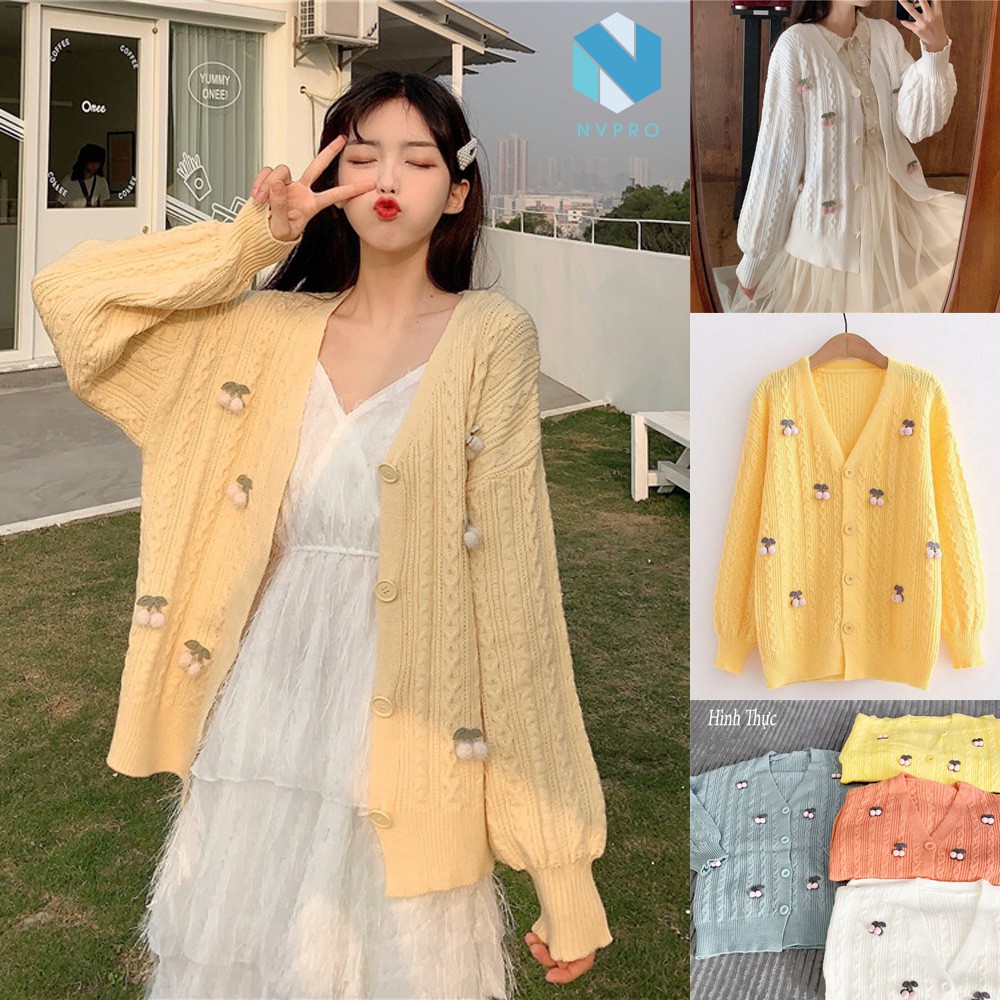 Áo len Quảng Châu nữ Cardigan phối hoạ tiết Cherry siêu sinh C027