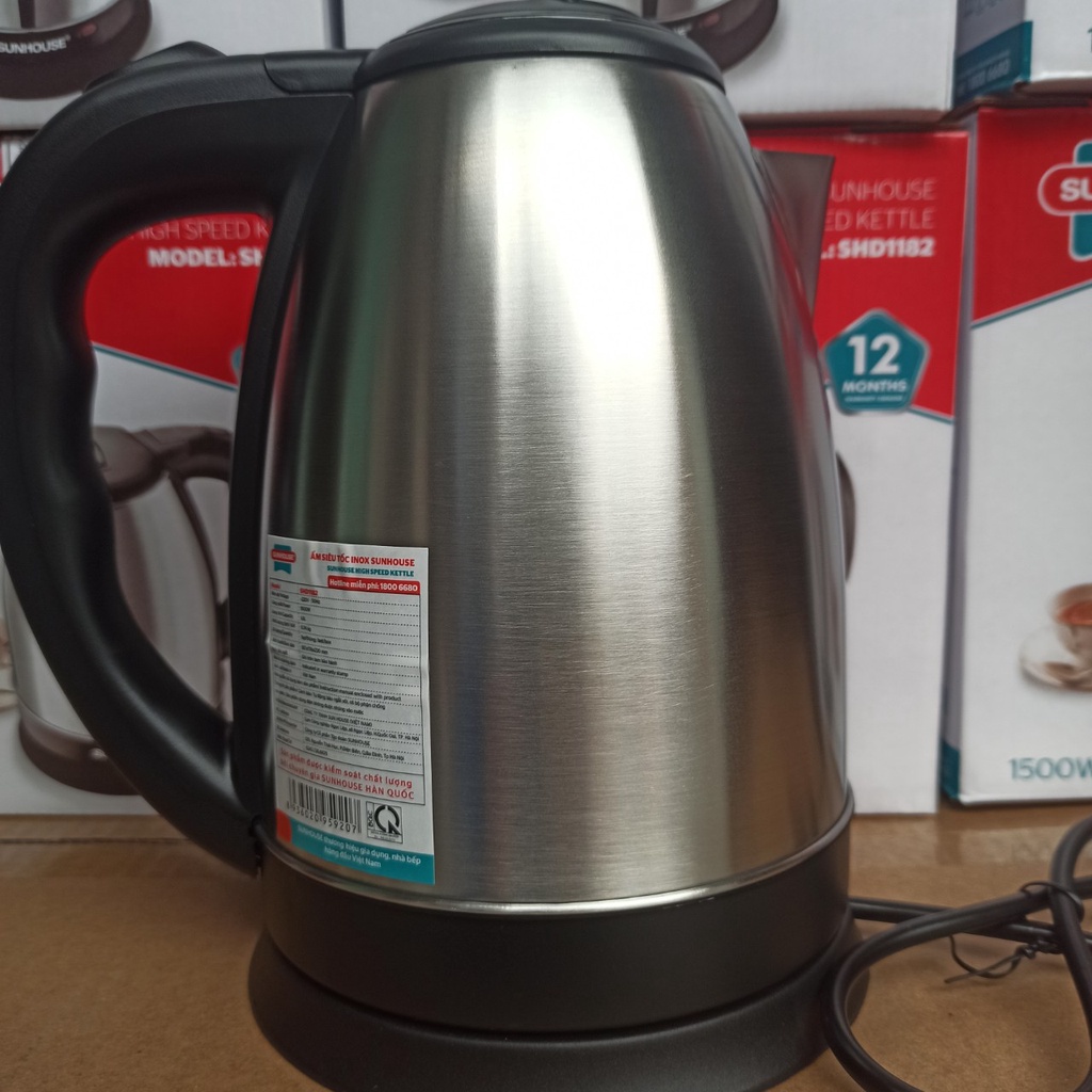Ấm siêu tốc, Ấm siêu tốc Sunhouse inox 2 lớp 1.8L SHD1182 sôi nhanh, an toàn, tự động ngắt khi nước sôi.