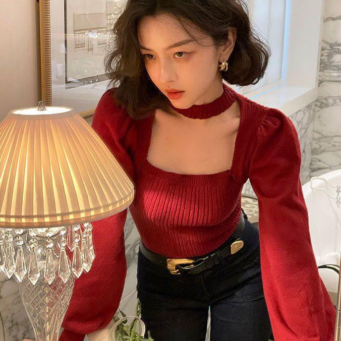 Áo Sweater Cổ Vuông Hở Lưng Màu Đỏ Phong Cách Nước Ngoài Thời Trang Thu Đông