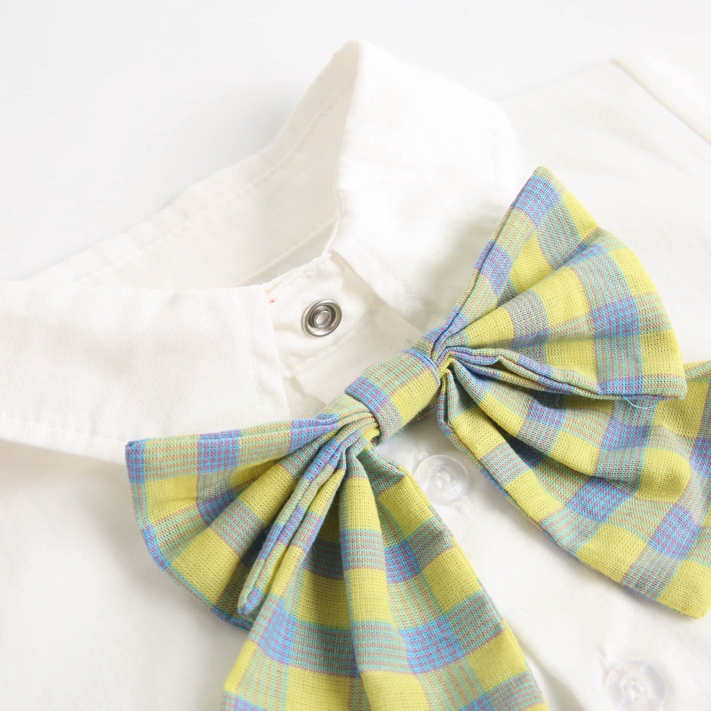 Áo liền quần Sanlutoz vải cotton tay ngắn phối sọc caro dễ thương cho bé gái