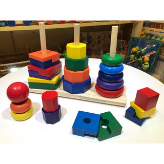 Xếp chồng tháp 3 cọc đồ chơi gỗ Montessori phát triển trí tuệ cho trẻ, giáo cụ mầm non thông minh