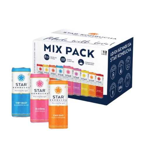 Thùng 12 Lon Trà Star Kombucha Thức Uống Lên Men Tự Nhiên Mix 11 Vị All In One - Sản Phẩm Chính Hãng - NPP Star Kombucha