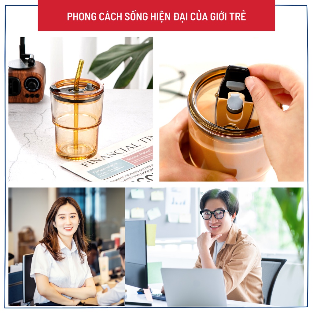 Ly cốc thủy tinh bọc da có nắp [GIÁ TỐT] kèm ống hút thủy tinh uống trà, cà phê văn phòng bao sang chảnh 450ml