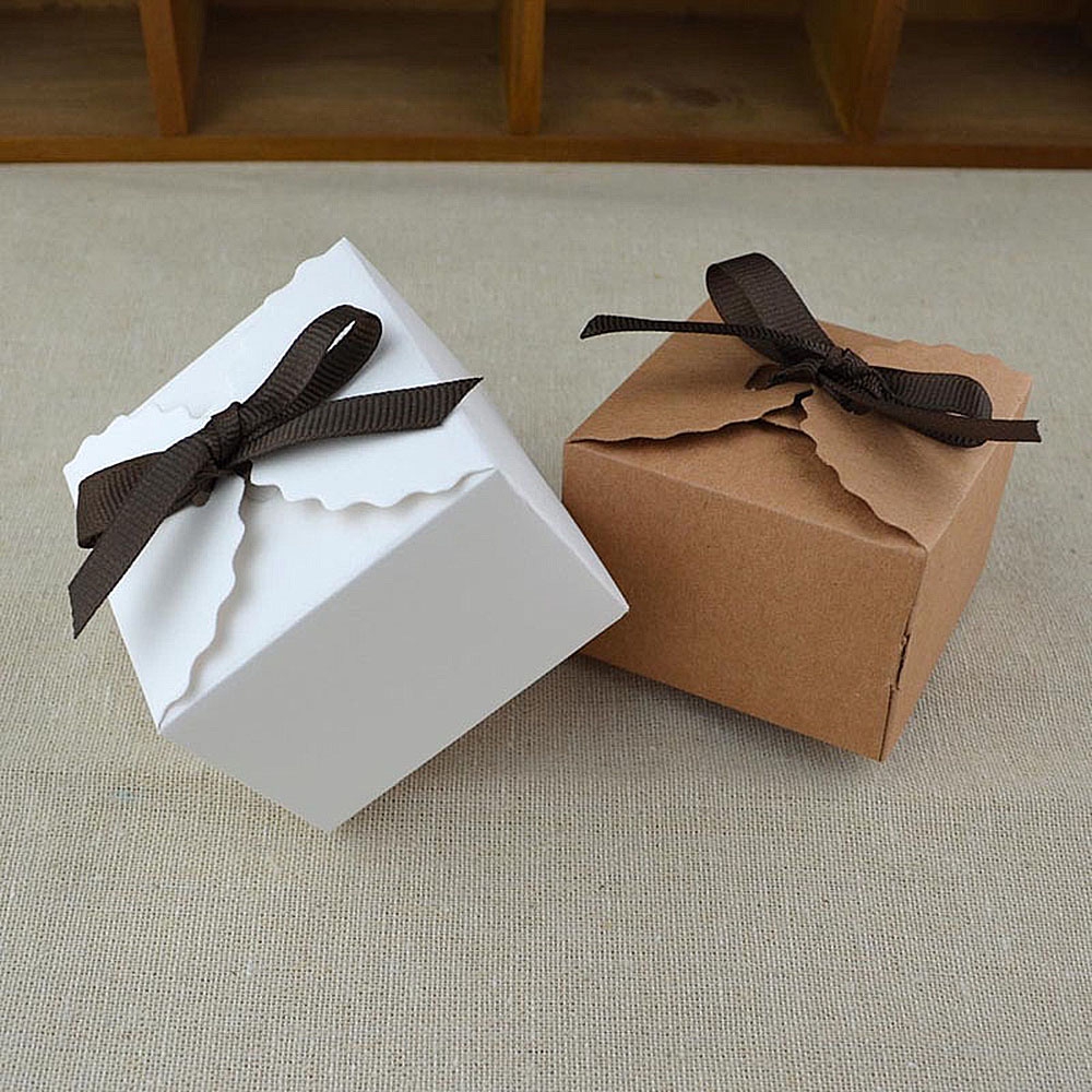 10Pcs Kraft Paper Packing Box White/Brown Vintage Candy Box With Ribbon