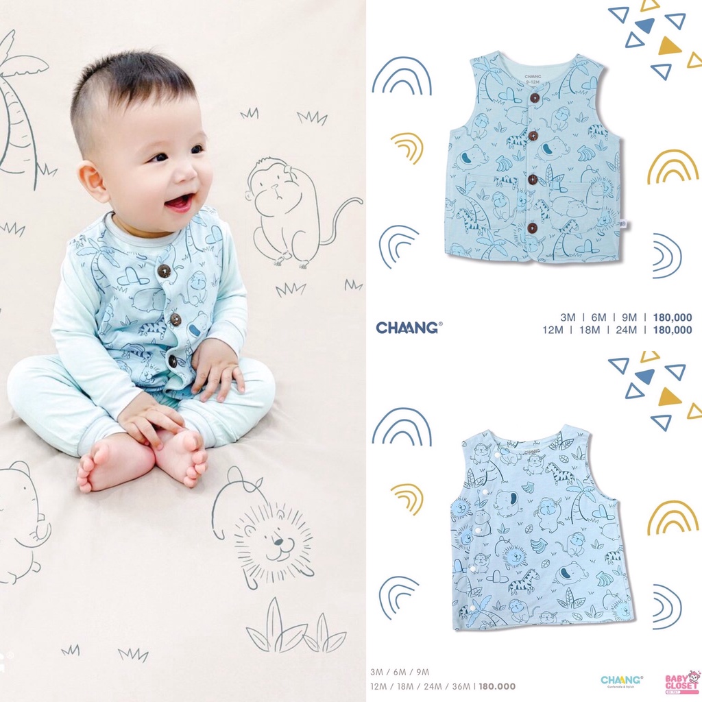 [HÀNG CAO CẤP] Áo gile cho bé vải cotton mềm mịn màu xanh họa tiết jungle Chaang