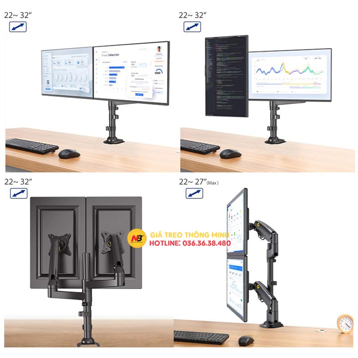 Giá Treo 2 Màn Hình NB H180 22 - 32 Inch / ErgoTek EZ2 - EZ3 Tay Treo Hai Màn Hình Kẹp Bàn [ Cao Cấp Hơn NB F160 ]