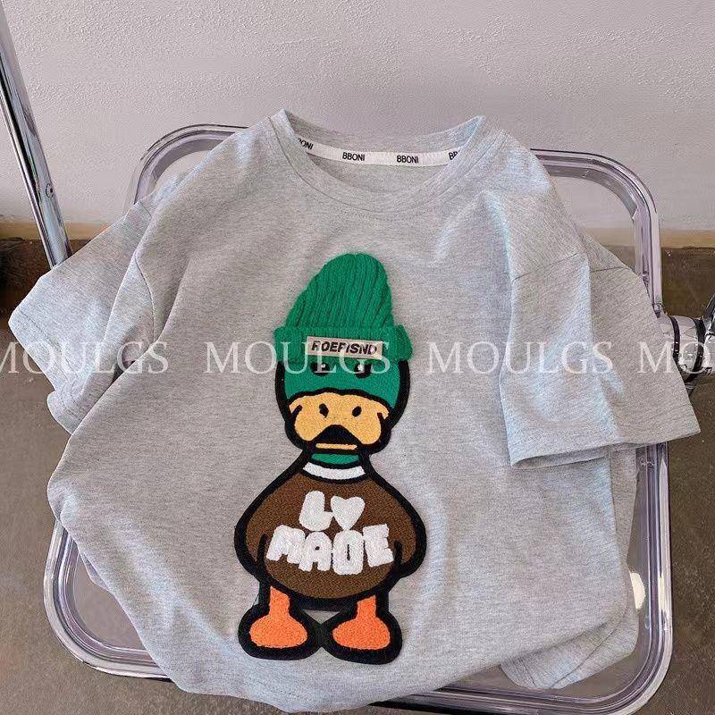 Áo Thun Tay Ngắn Cổ Tròn Chất Cotton Thêu Hình Vịt Phong Cách Hàn Quốc Thời Trang Mùa Hè Cho Bé