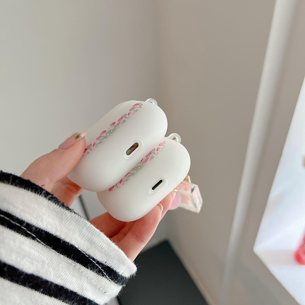Vỏ Bảo Vệ Hộp Sạc Tai nghe không dây AirPods 1 2 pro 3 2021 gen3 Bằng Silicon Mặt Nhám Màu Hồng Họa Tiết Hoa Xinh Xắn