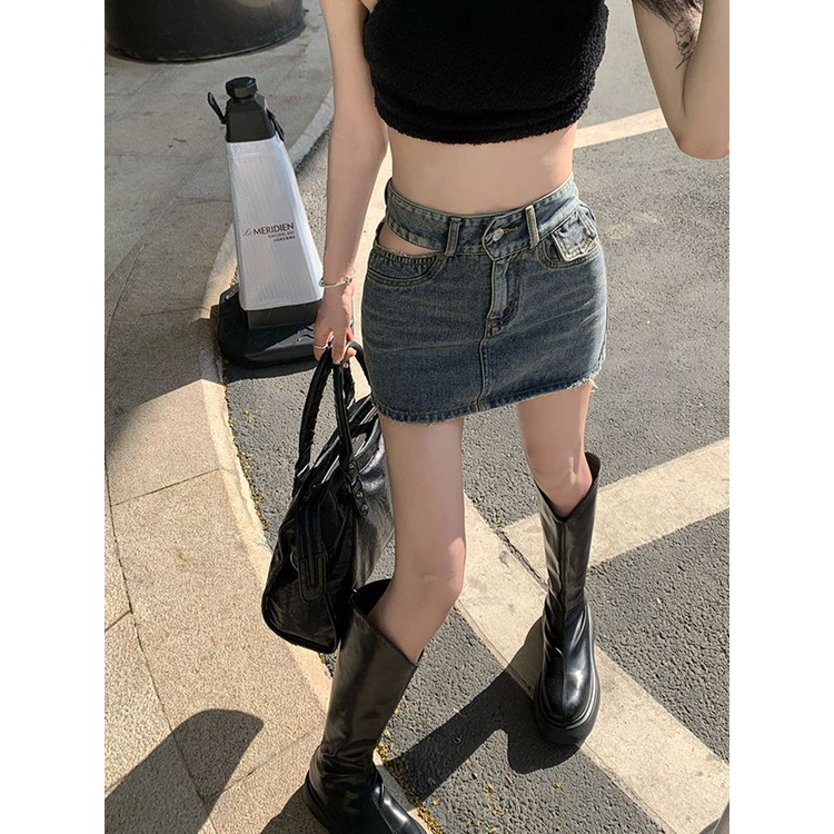 Jiashucheng Chân Váy Denim Mini Lưng Cao Khoét Lỗ Phong Cách Hàn Quốc Thời Trang Mùa Hè Mới Cho Nữ