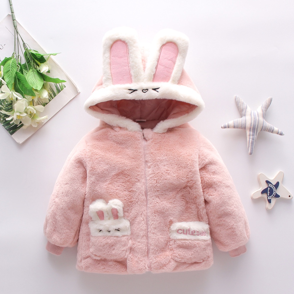 Áo sweater cotton màu trơn có mũ trùm đầu họa tiết thỏ hoạt hình dễ thương mẫu cho bé gái 1-4 tuổi
