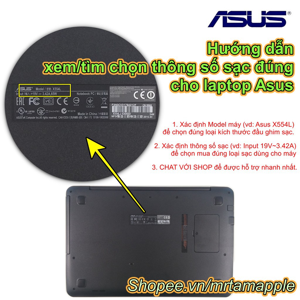 SẠC LAPTOP ASUS 19V-2.1A (40W) (Mini) kích thước đầu ghim (2.5 x 0.7 mm) adapter bh 12 tháng