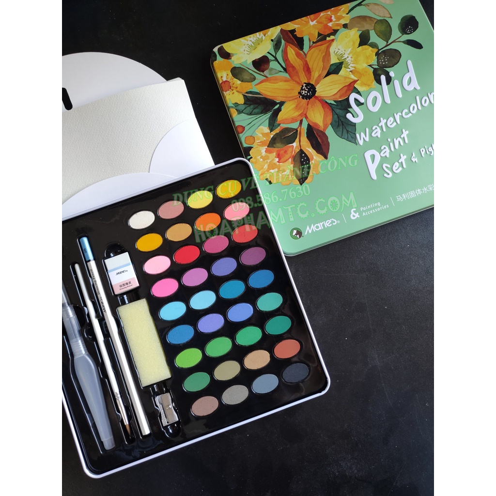 Set Màu Nước Nén Marie's (Solid Watercolor Paint Set &amp; Pigment) - Hộp thiếc