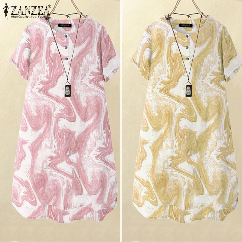 Đầm Zanzea tay ngắn cổ tròn họa tiết gợn sóng có túi thời trang cho nữ