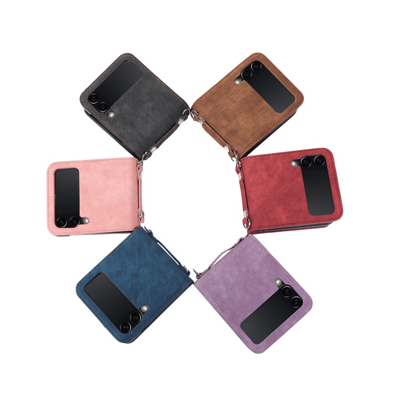 Ốp Điện Thoại Da Gập Gọn Có Ngăn Đựng Thẻ Và Dây Đeo Dài Chống Sốc Cho Samsung Galaxy Z Flip 3 / 4