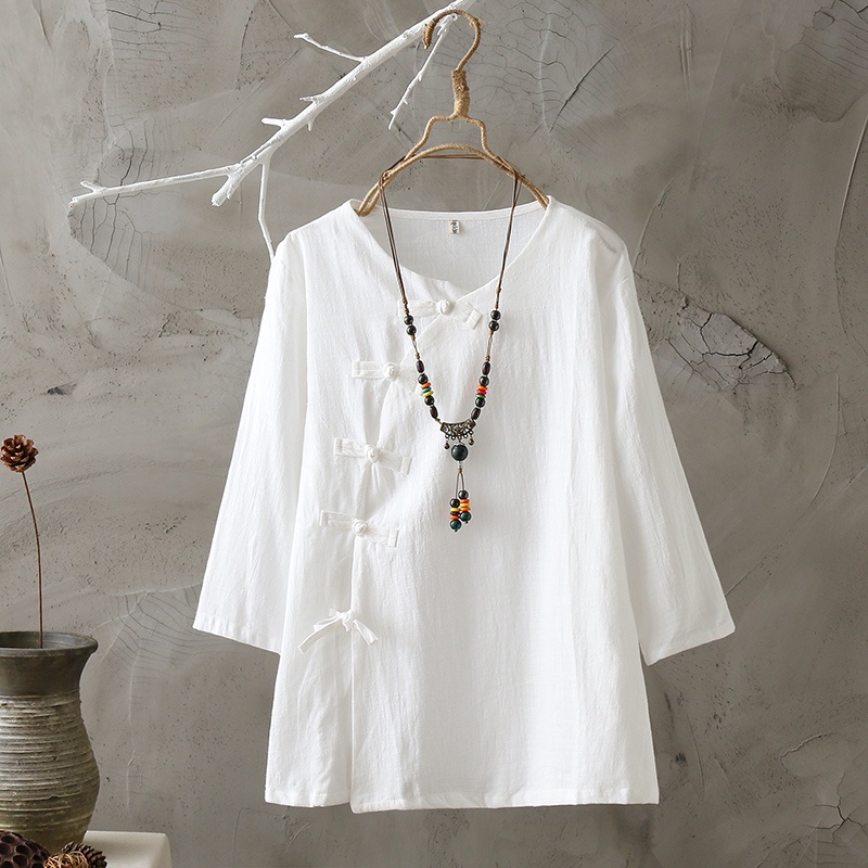 Áo Thun 100% Cotton / Linen Tay Lửng Thấm Hút Mồ Hôi Thoáng Khí Thoải Mái Phối Hàng Nút Phong Cách Dân Tộc 2020 Cho Nữ