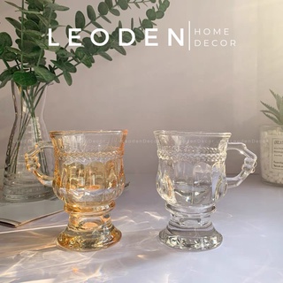 Cốc thủy tinh decor mini có quai chịu nhiệt vintage, ly thuỷ tinh họa tiết chạm nổi đẹp – LEODEN Decor