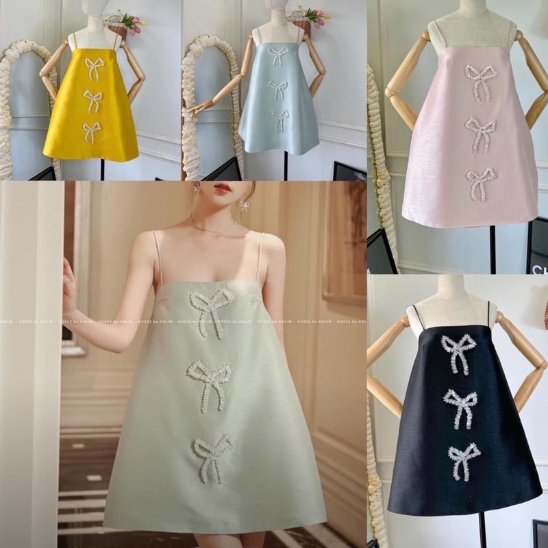 Đầm 2 dây đính nơ cườm