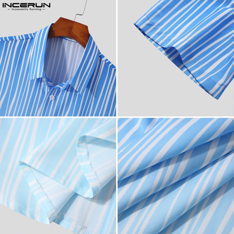 Áo sơ mi INCERUN tay ngắn dáng rộng họa tiết kẻ sọc màu xanh gradient thời trang cho nam