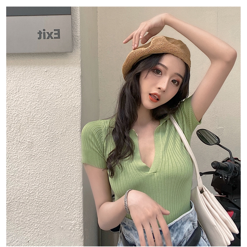 Áo dệt kim SUXI ngắn tay cổ chữ V phong cách retro