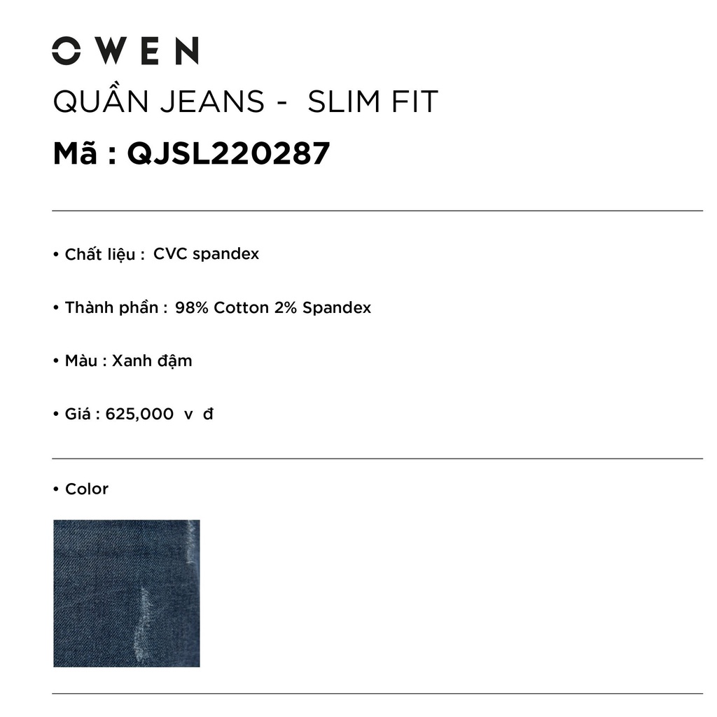 Quần jean nam hàng hiệu Owen QJSL220287 dáng slim fit ống côn màu xanh đậm vải bò denim cotton cao cấp bền đàn hồi tốt