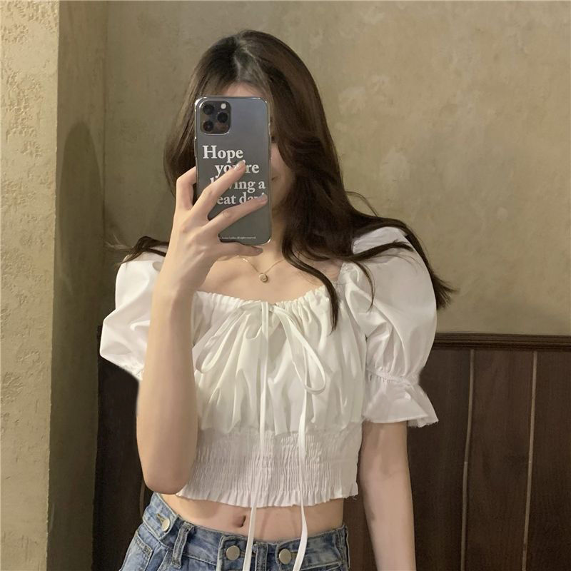 Áo crop top BH tay phồng kiểu dáng thời trang mùa hè phong cách Hàn Quốc 2021