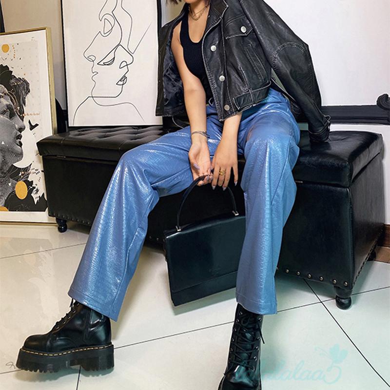 Quần da ống rộng lưng cao phối túi thời trang xuân thu dành cho nữ | BigBuy360 - bigbuy360.vn