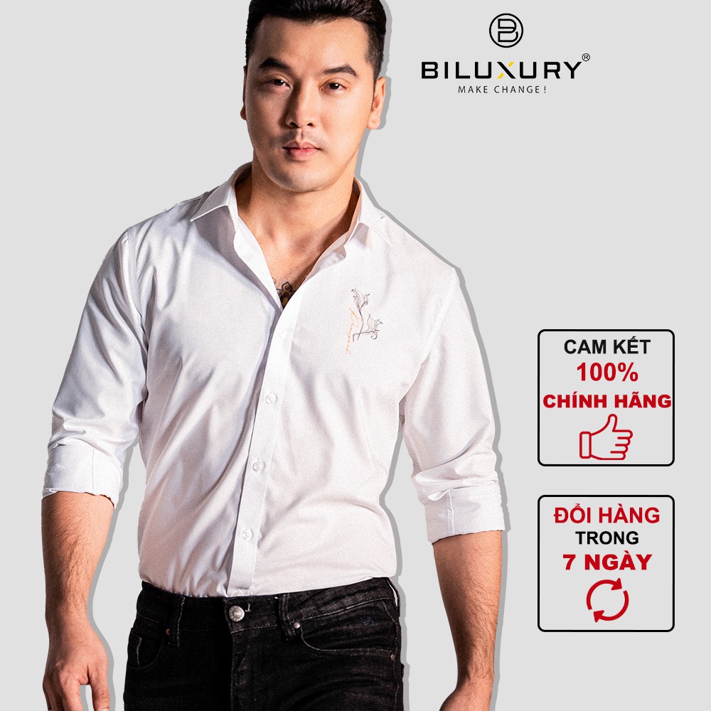 Áo sơ mi nam trắng dài tay Biluxury in ngực hoa diên vĩ đẳng cấp vải mềm mịn ít nhăn form chuẩn bodyfit 5SMDT002TRK
