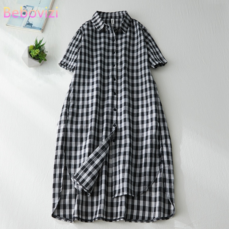 Đầm Midi Cotton Lanh Cổ Polo Dáng Suông Họa Tiết Kẻ Sọc Trắng Đen Kiểu Hàn Quốc Thời Trang Mùa Hè