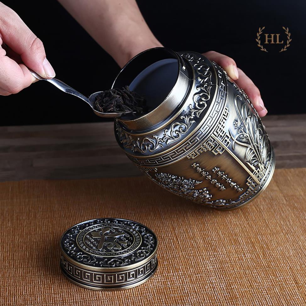 (hàng hot) Lọ đựng chè đồng hoa văn cổ | Lọ chè hợp kim đồng size To | LỌ ĐỰNG TRÀ SIZE TO | LỌ TRÀ TỨ QUÝ
