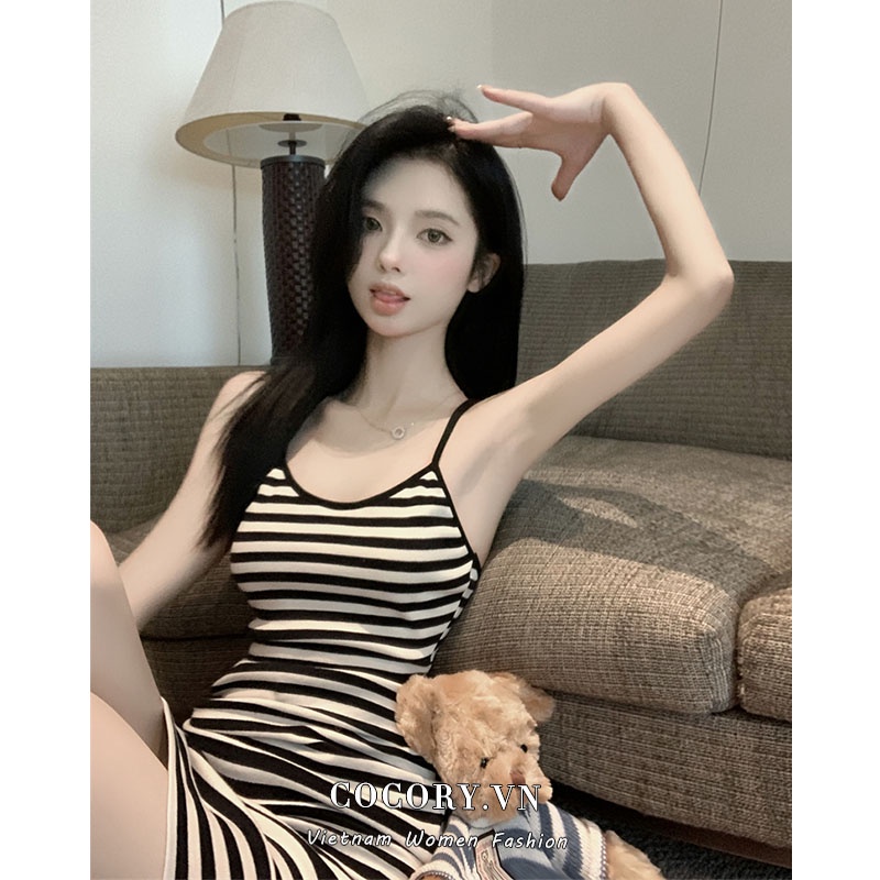 Cocory vn Đầm Hai Dây Dáng Ôm Họa Tiết Kẻ Sọc Thời Trang Mùa Hè Quyến Rũ Cho Nữ